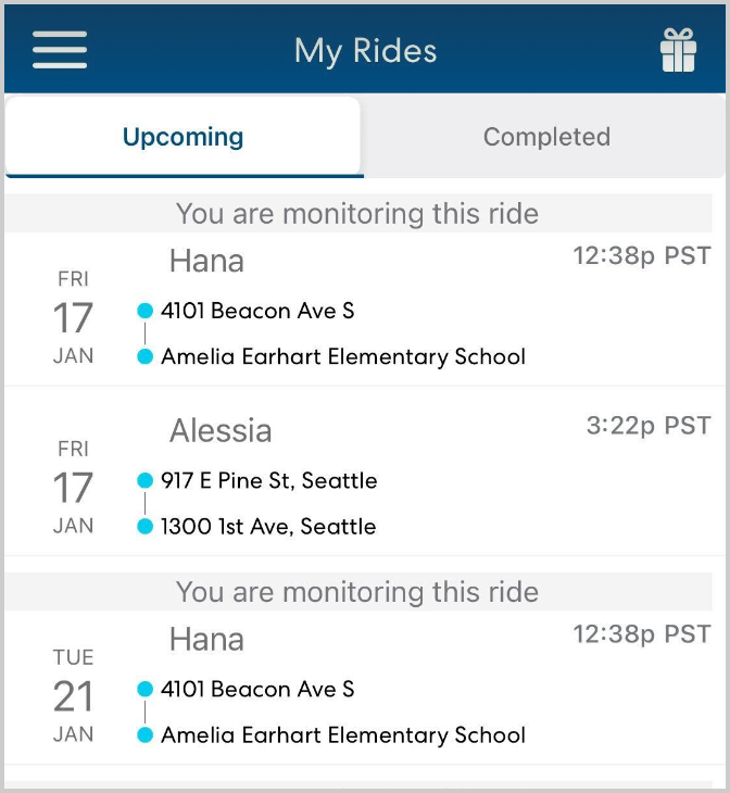 A list of upcoming and completed rides. Two upcoming rides for Hana are scheduled for Friday, January 17th, and Tuesday, January 21st, both at 12:38 PM PST. A ride for Alessia is scheduled for Friday, January 17th, at 3:22 PM PST. The user is monitoring the rides for Hana.