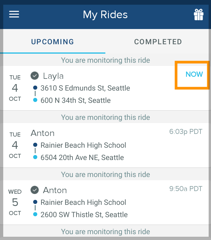 Screenshot showing a list of rides. One has the word now next to it in blue.