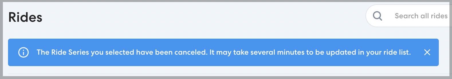 The rides page shows a confirmation message that the ride has been canceled