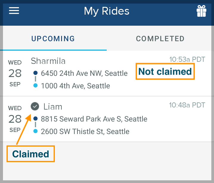 Screenshot showing a small check mark next to a claimed ride on the my rides screen