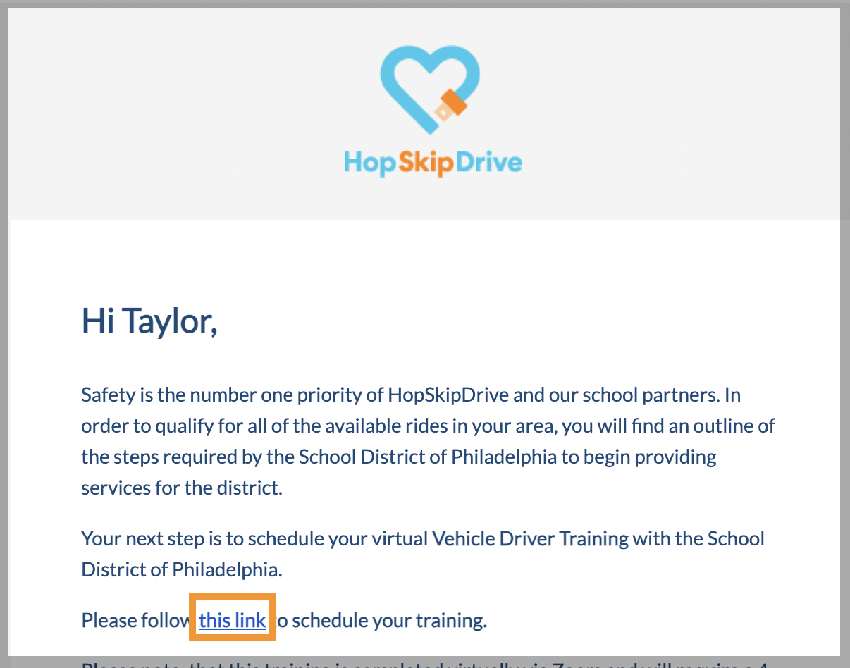 An example of the email you will receive. The link to the training is highlighted.