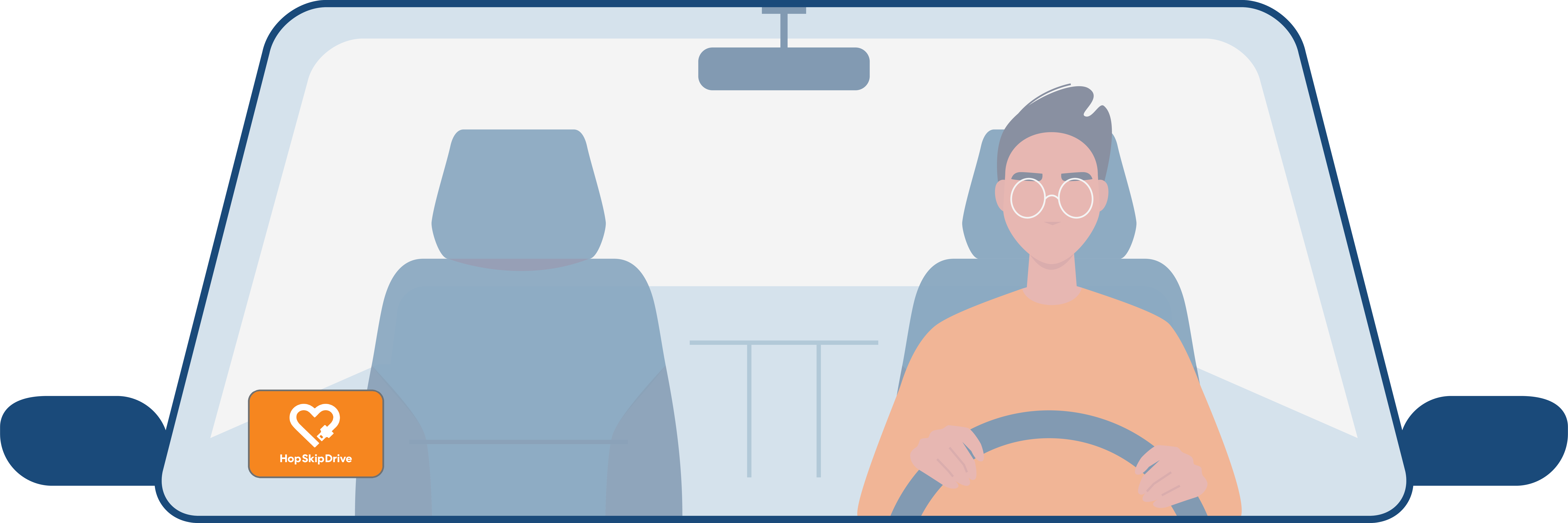 An illustration showing a car with an orange HopSkipdrive sticker on the windshield
