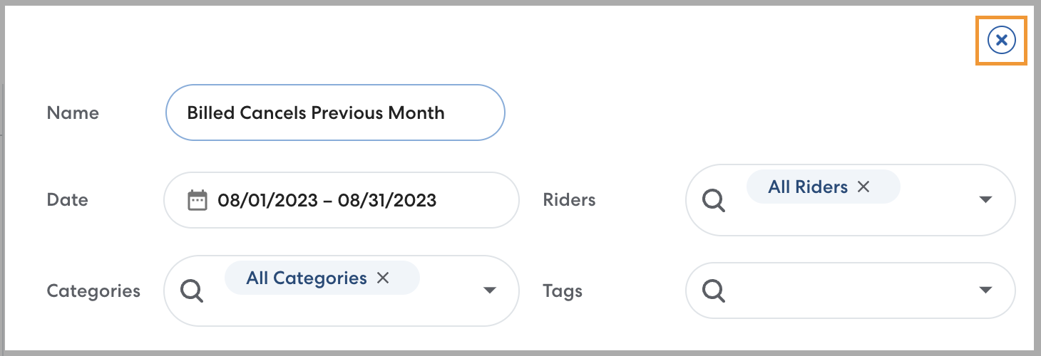 A screenshot of the edit saved reports modal with the close X highlighted