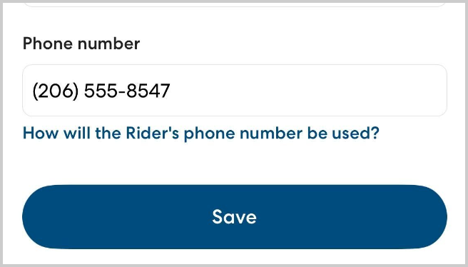 Form field to input a phone number with an example number '(206) 555-8547' entered. Below is a link to information about how the rider's phone number will be used, and a 'Save' button.