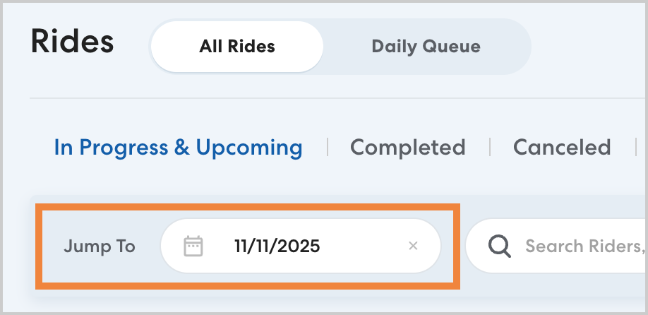 Rides section with tabs for 'All Rides' and 'Daily Queue,' showing 'In Progress & Upcoming' selected. A 'Jump To' date field is set to 11/11/2025.