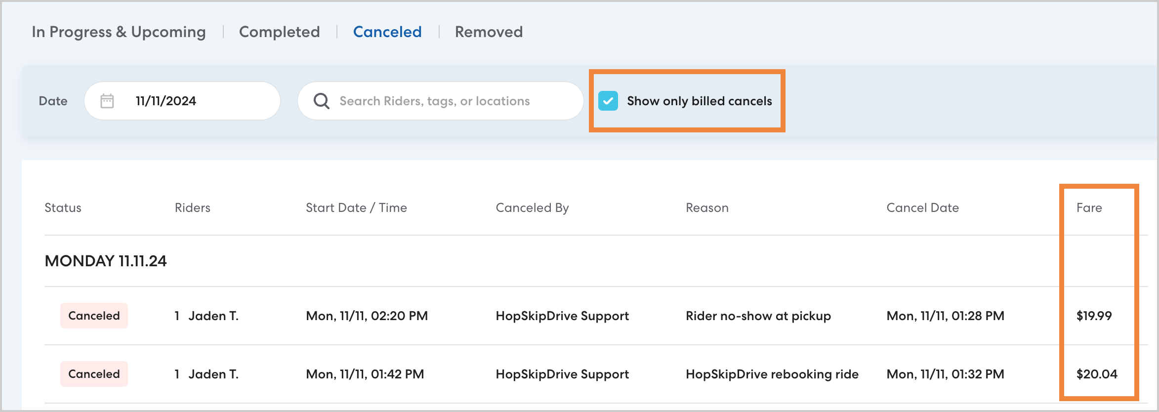 Canceled rides screen showing a filter for 'Show only billed cancels,' a selected date of 11/11/2024, and a table listing canceled rides with details like status, rider name, cancellation reason, and fare amounts of $19.99 and $20.04.