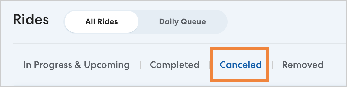 Rides section with tabs for 'All Rides' and 'Daily Queue.' Below are categories: 'In Progress & Upcoming,' 'Completed,' 'Canceled,' and 'Removed,' with 'Canceled' highlighted