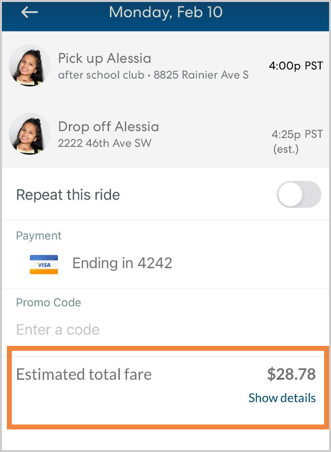 The final confirmation screen showing a scheduled ride with an estimated fare.