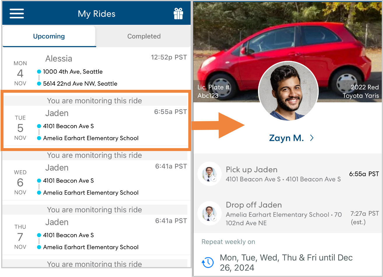 Screenshot of the HopSkipDrive app showing upcoming rides. The ride for Jaden to Amelia Earhart Elementary School on November 5 is highlighted. Details show driver Zayn M. with a red 2022 Toyota Yaris and pickup at 6:55 a.m.