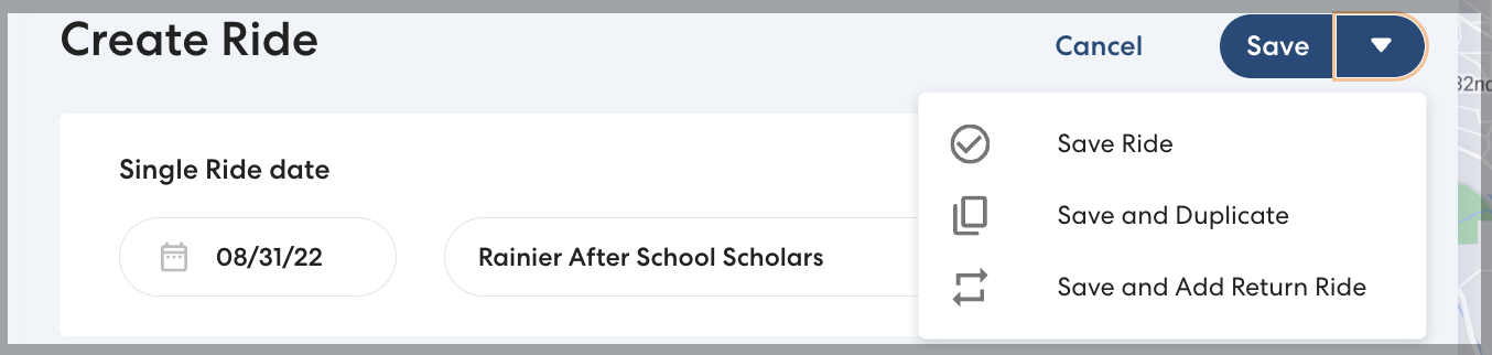 A dropdown list shows the three options for saving a ride.