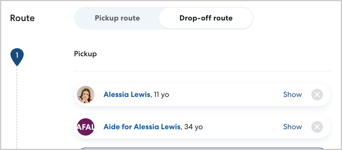 A pickup route with two passengers: Alessia Lewis, 11 years old, and an Aide for Alessia Lewis, 34 years old.