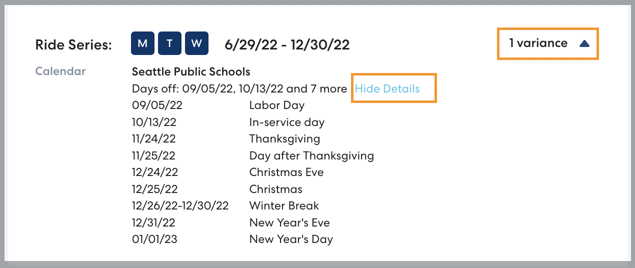 Calendars showing listed days off
