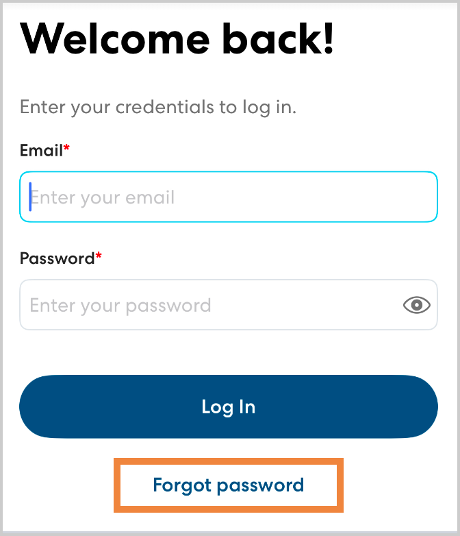 Login screen with fields for email and password.  A "Forgot password" link is below the login button.