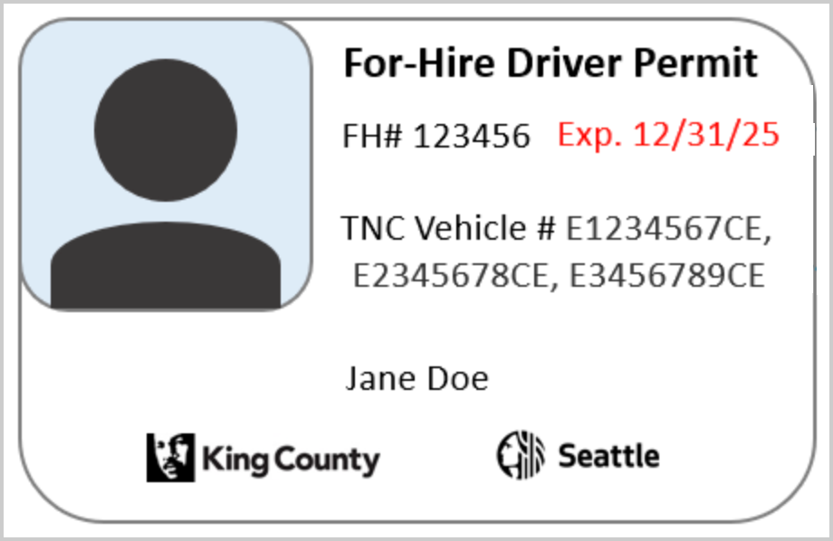 Identification card labeled 'For-Hire Driver Permit' with the permit number 'FH# 123456' and expiration date 'Exp. 12/31/25' highlighted in red. Includes TNC vehicle numbers and the name 'Jane Doe.' King County and Seattle logos are present at the bottom.