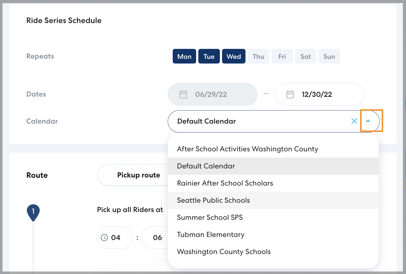 Dropdown list showing saved calendars