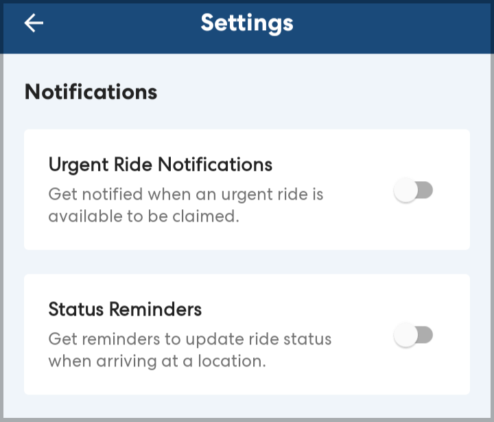 The settings page of the app showing Urgent Ride Notifications and Status Reminders switched off.