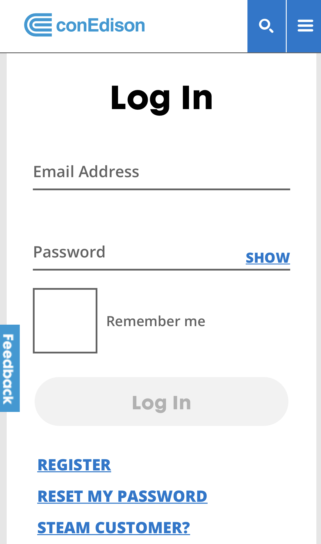image shows con edison login page