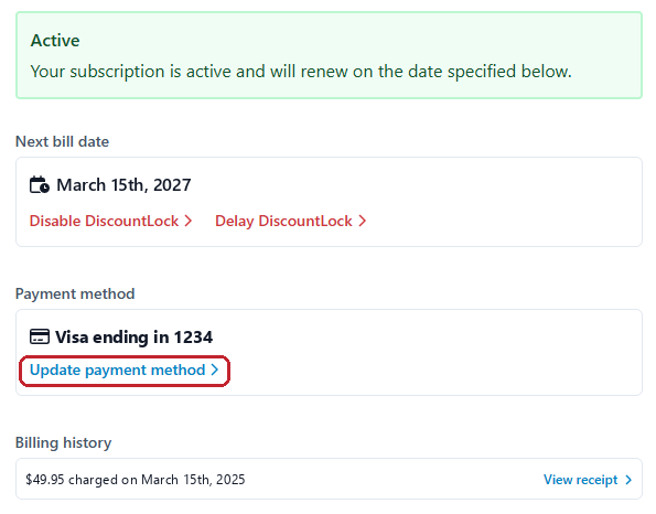 The Payment method box on a DiscountLock subscription, with Update payment method outlined
